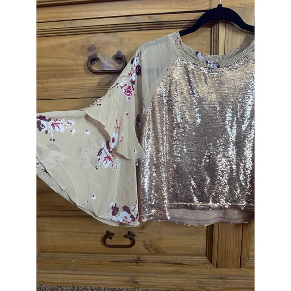 Free People Shimmy Shake Floral Sequin Top In Champagne XS - Picture 2 of 6